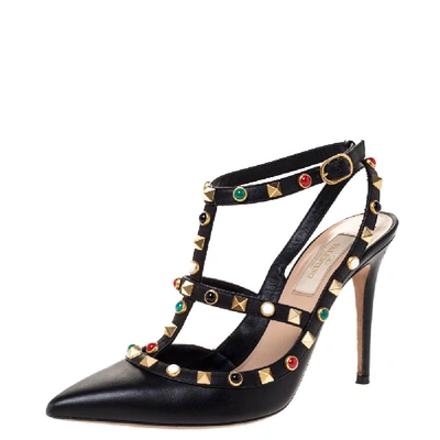 Pre-owned Valentino Garavani Black Leather Rockstud Rolling Ankle Strap Sandals Size 37.5