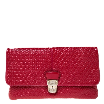 Pre-owned Tod's Red Signature Embossed Patent Leather Turnlock Clutch