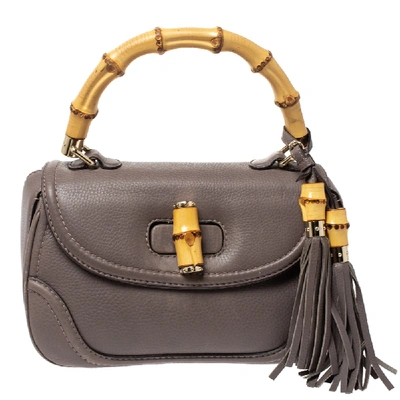 Pre-owned Gucci Taupe Leather Tassel New Bamboo Top Handle Bag In Grey