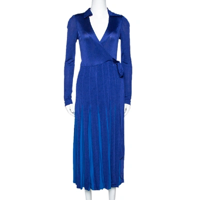 Pre-owned Diane Von Furstenberg Blue Jersey Pleated Stevie Wrap Dress S
