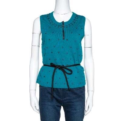 Pre-owned Kenzo Teal Wool Knit Embellished Sleeveless Belted Top L In Blue