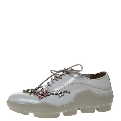 Pre-owned Prada White Crystal Embellished Leather Lace Up Sneakers Size 37.5