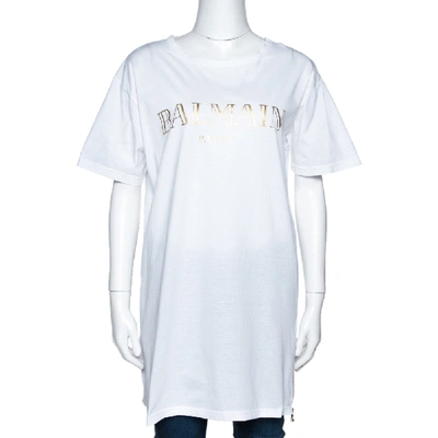 Pre-owned Balmain White Logo Print Cotton Side Zip Detail Oversized T-shirt L