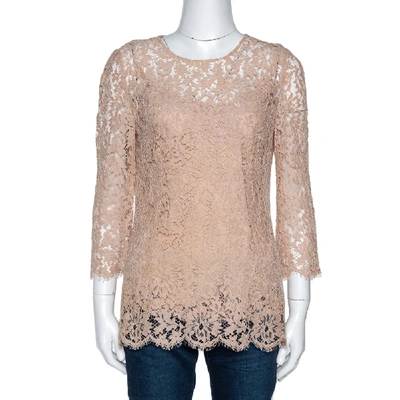 Pre-owned Dolce & Gabbana Beige Floral Lace Scalloped Long Sleeve Blouse M