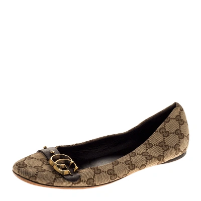 Pre-owned Gucci Beige/brown Gg Canvas Double G Ballet Flats Size 39