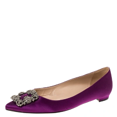Pre-owned Manolo Blahnik Purple Satin Hangisi Crystal Embellished Ballet Flats Size 37.5