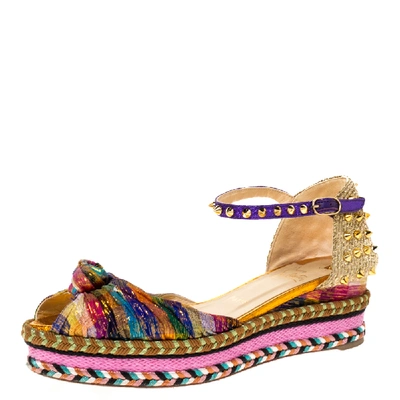 Pre-owned Christian Louboutin Multicolor Fabric And Raffia Spike Madcarina Espadrille Sandals Size 40