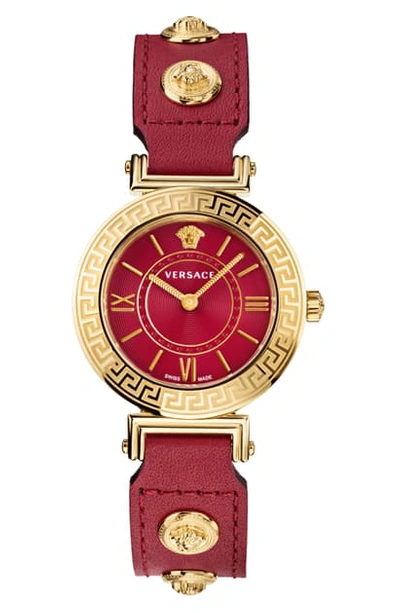 Shop Versace Tribute Leather Strap Watch, 35mm In Red/ Gold