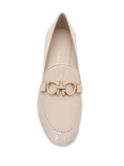Ferragamo Trifoglio Patent Gancini Horsebit Loafers In White