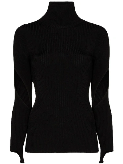 Shop Mugler Cut-out Sleeve Ribbed Top In Black