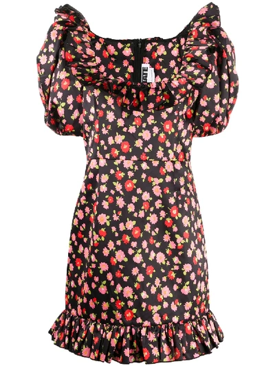 Shop Rotate Birger Christensen Floral Print Puff-sleeve Dress In Black