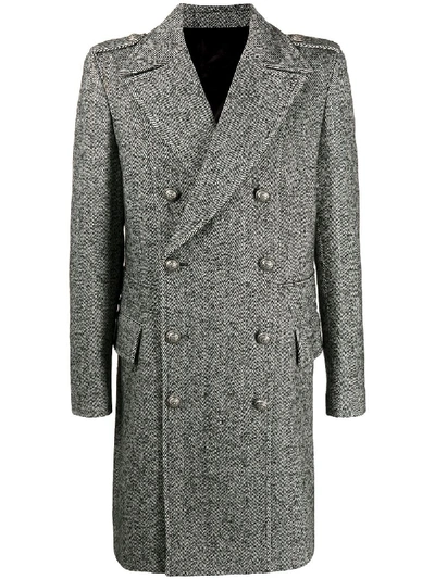 Shop Balmain Herringbone Double-breasted Coat In Black