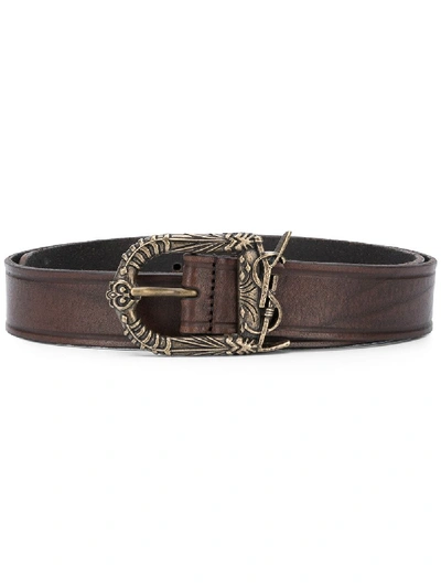 Shop Saint Laurent Engraved-buckle Leather Belt In Brown