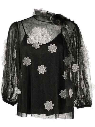 Shop Red Valentino Sheer Flower-applique Blouse In Black