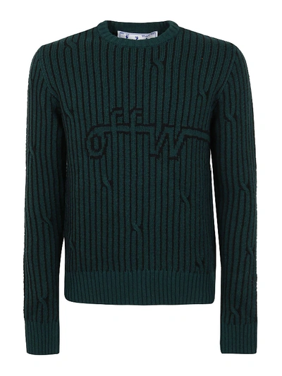 Shop Off-white Cable Knit Wool And Cotton Sweater In Dark Green