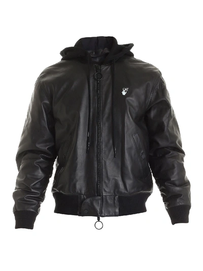 Shop Off-white Black Leather Jacket Featuring Hood