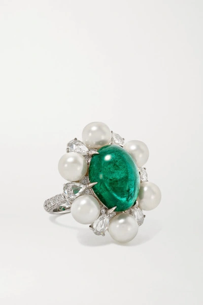 Shop Amrapali 18-karat White Gold, Pearl, Emerald And Diamond Ring