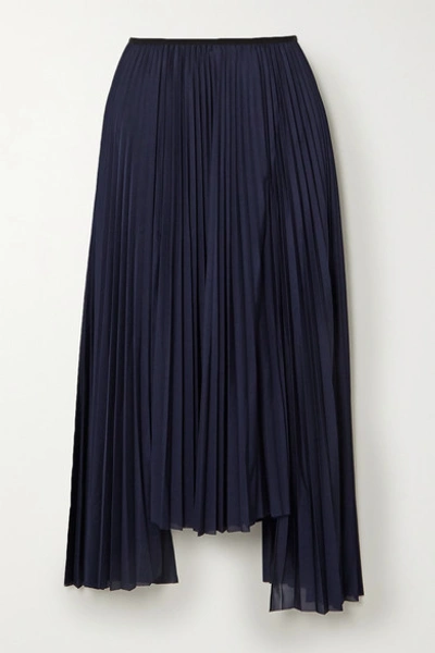 Shop Helmut Lang Asymmetric Pleated Jersey Midi Skirt In Navy