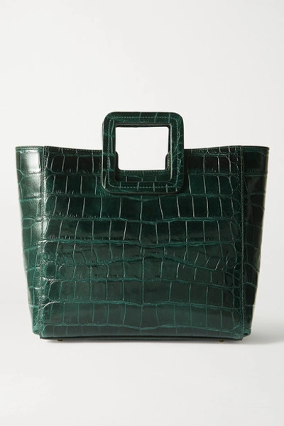 Shop Staud Shirley Croc-effect Leather Tote In Dark Green