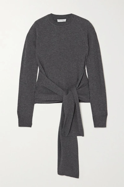 Shop Jw Anderson Tie-front Merino Wool Sweater In Gray