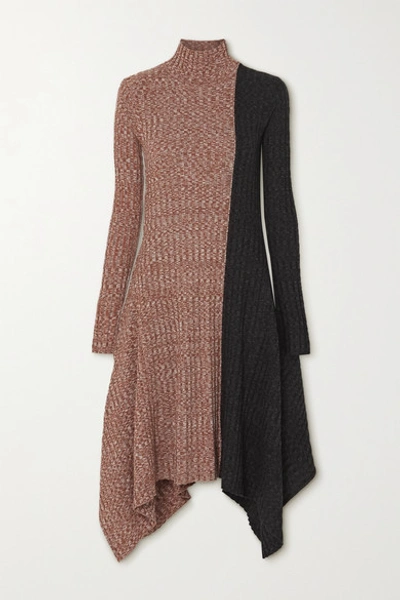 Shop Jw Anderson Asymmetric Two-tone Mélange Merino Wool Turtleneck Dress In Brown