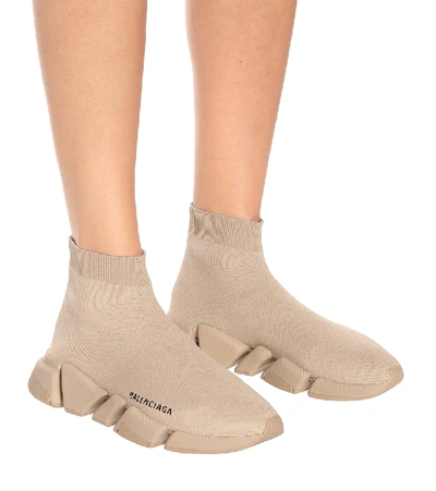Balenciaga Speed 2.0 Recycled Knit Sneakers With Bicolor Sole In Beige