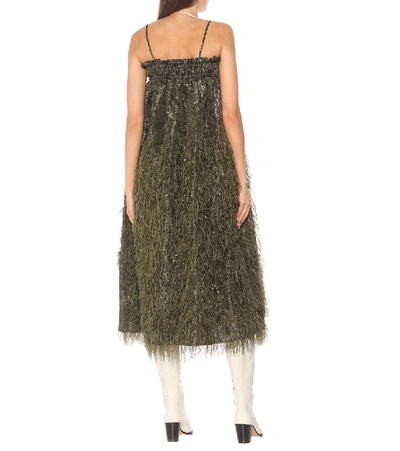 Shop Ganni Faux Feather-trimmed Midi Dress In Green