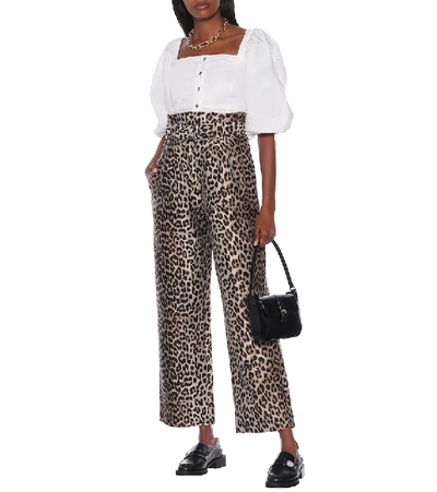 Shop Ganni Leopard Jacquard Paperbag Pants In Brown