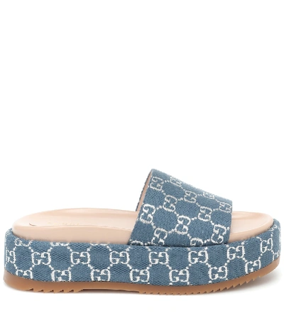 Shop Gucci Gg Lamé Jacquard Slides In Blue