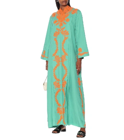 Shop Gucci Lace-trimmed Linen Kaftan In Green