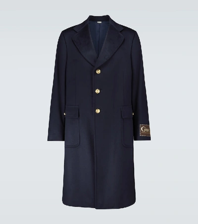 Shop Gucci Cashmere-blend Coat With Logo In Blue