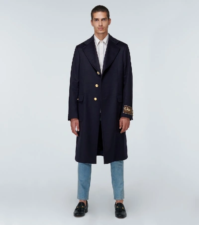 Shop Gucci Cashmere-blend Coat With Logo In Blue
