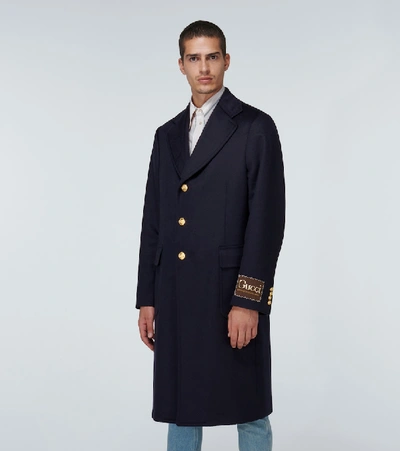 Shop Gucci Cashmere-blend Coat With Logo In Blue