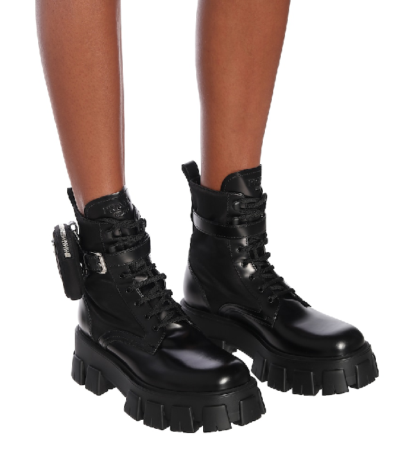 Prada Monolith Leather Ankle Boots In Black | ModeSens