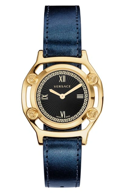 Shop Versace Medusa Frame Leather Strap Watch, 36mm In Black/ Gold/ Green Print