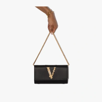 Shop Versace Black Virtus Crystal Leather Clutch Bag