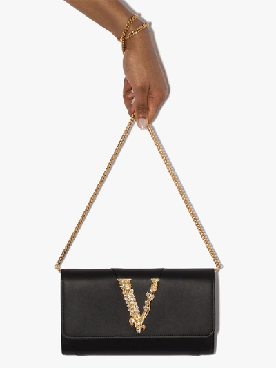 Shop Versace Black Virtus Crystal Leather Clutch Bag