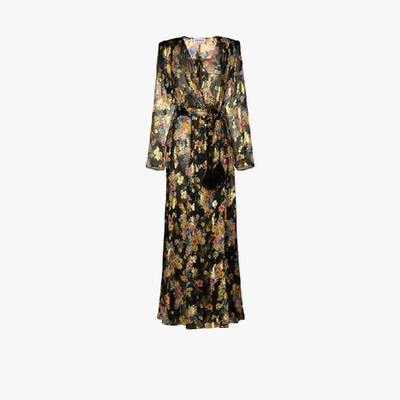 Shop Attico Floral Print Silk Wrap Maxi Dress In Black