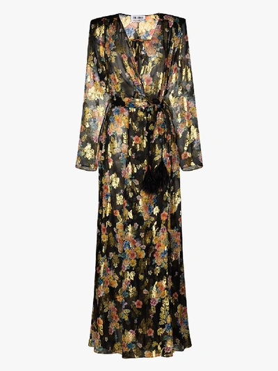 Shop Attico Floral Print Silk Wrap Maxi Dress In Black