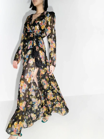 Shop Attico Floral Print Silk Wrap Maxi Dress In Black