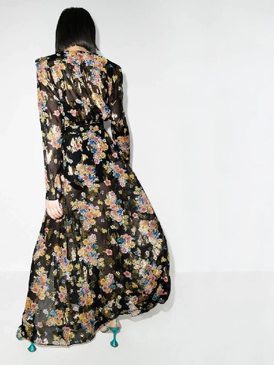 Shop Attico Floral Print Silk Wrap Maxi Dress In Black