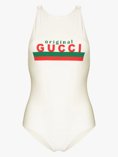 Shop Gucci Logo Print Swimsuit In White