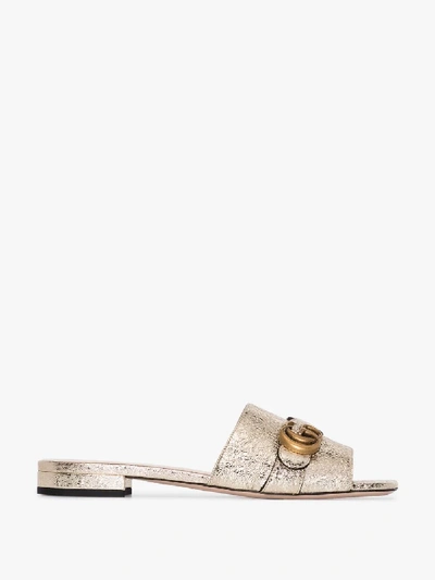 Shop Gucci Gold Tone Gg Marmont Leather Sandals