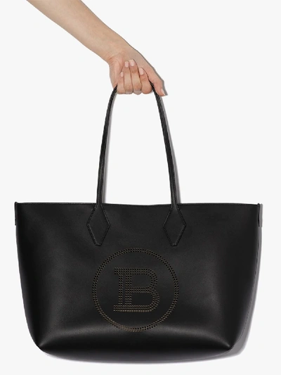 Shop Balmain Black Shopping 37 Logo Leather Tote Bag