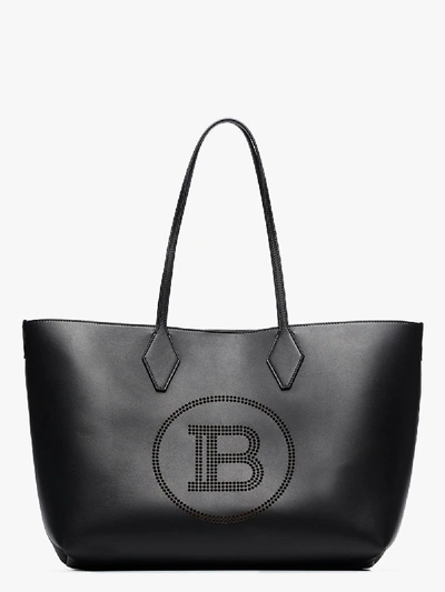 Shop Balmain Black Shopping 37 Logo Leather Tote Bag