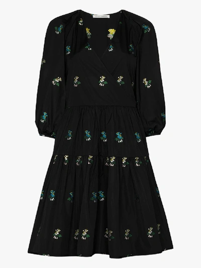 Shop Cecilie Bahnsen Mirabelle Floral Embroidered Wrap Dress In Black