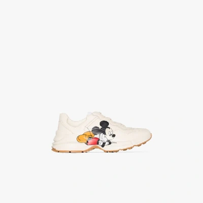 Shop Gucci X Disney White Rhyton Mickey Mouse Sneakers In Neutrals