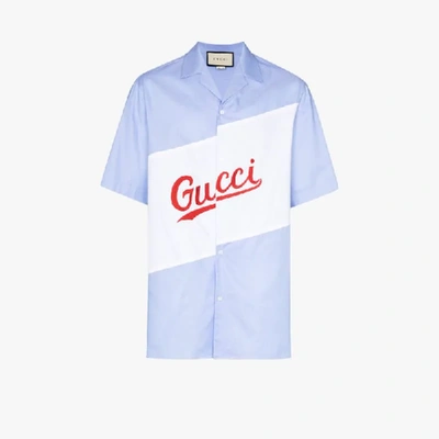 Shop Gucci Oversized Logo Bowling Shirt In Blue