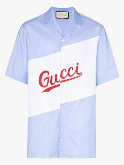 Shop Gucci Oversized Logo Bowling Shirt In Blue