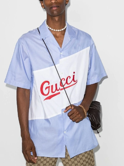 Shop Gucci Oversized Logo Bowling Shirt In Blue